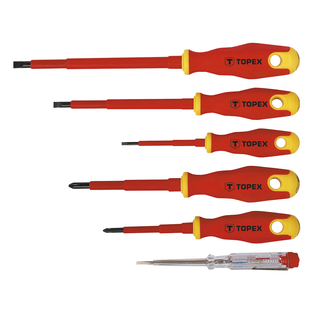TOP-39D673--Wkrętaki 1000V, zestaw 6 szt., z certyfikatem, stal CrV, dwumateriałowy uchwyt, rozmiary: 3 x 75 mm, 5.5 x 125 mm, 6.5 x 150 mm, PH1 x 80 mm, PH2 x 100 mm, próbnik 125- 250V