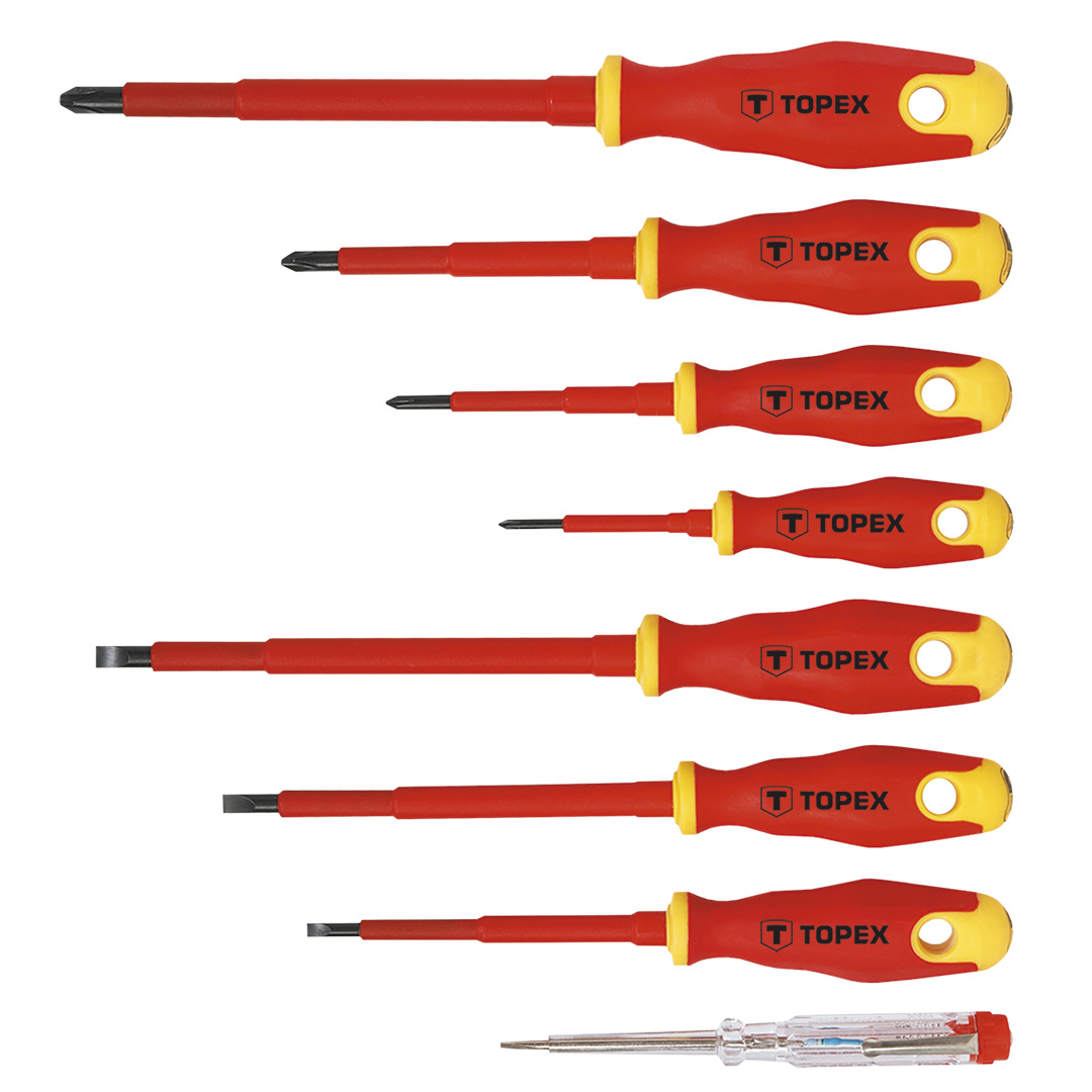 TOP-39D674--Wkrętaki 1000V, zestaw 8 szt., z certyfikatem, stal CrV, dwumateriałowy uchwyt, rozmiary: 4 x 100 mm, 5.5 x 125 mm, 6.5 x 150 mm, PH0 x 60 mm, PH1 x 80 mm, PH2 x 100 mm, PH3 x 150 mm, próbnik 125- 250V