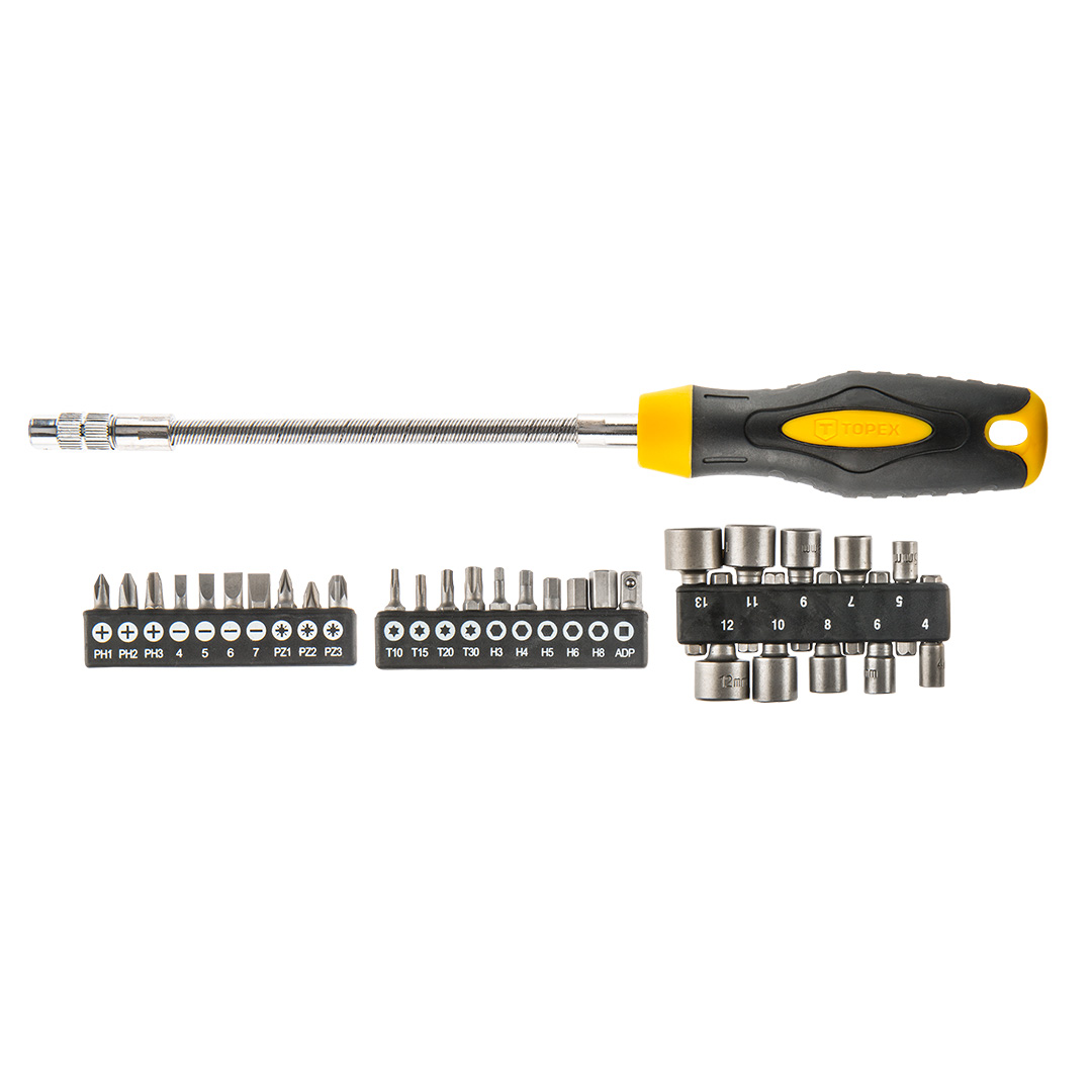 TOP-39D865--Wkrętak z giętkim grotem, zestaw 31 szt., dwumateriałowy uchwyt, końcówki: płaskie: 4, 5, 6, 7 mm, PZ1, PZ2, PZ3, T10, T15, T20, T30, PH1, PH2, PH3, H3, H4, H5, H6, H8, nasadki 4, 5, 6, 7, 8, 9, 10, 11, 12, 13, przejściówka kwadrat 1/4", sześcio