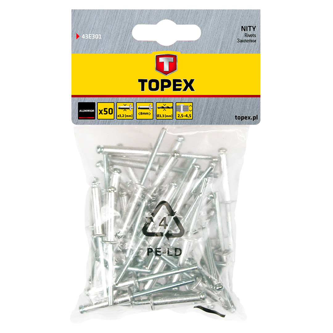 TOP-43E301--Nity aluminiowe 3.2 mm x  8 mm, 50 szt.