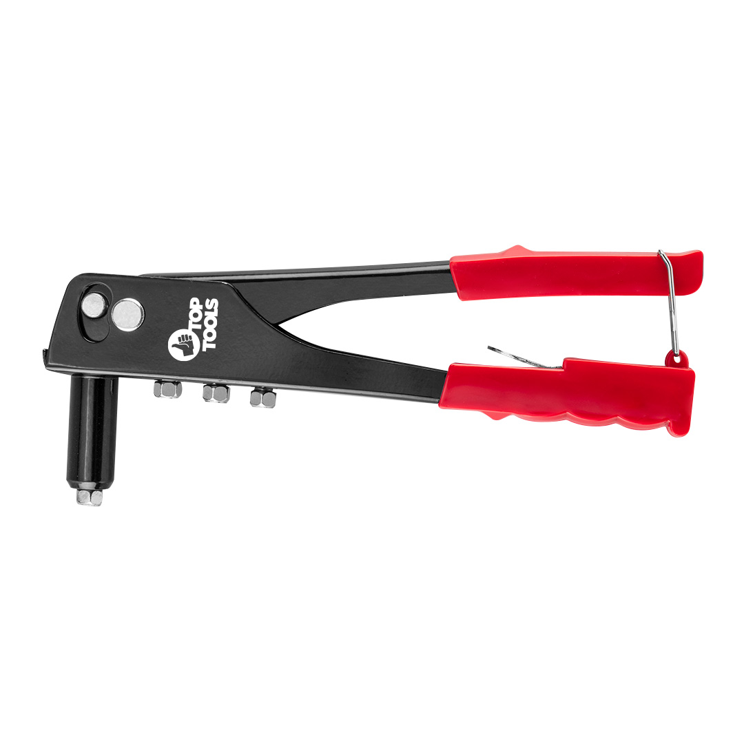 TOP-43E703--Nitownica do nitów aluminiowych 2.4, 3.2, 4.0, 4.8 mm, 4 końcówki, stalowy korpus, pierścień blokujący, klucz płaski, dł. 249 mm