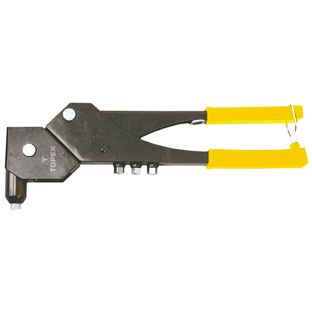 TOP-43E713--Nitownica do nitów aluminiowych 2.4, 3.2, 4.0, 4.8 mm, wielopołożeniowa, 4 końcówki, długość 285 mm, stalowy korpus, klucz płaski