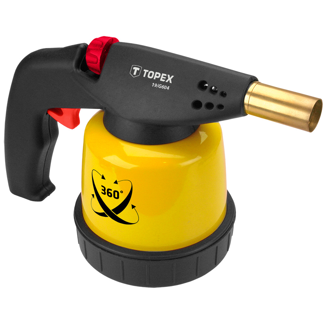 TOP-44E143--Lampa lutownicza gazowa na naboje 190 g, zapłon piezo, do pracy w każdej pozycji, temperatura pracy 1350°C, moc 1.9 kW, średnie zużycie gazu 180 g/h, obudowa metalowa