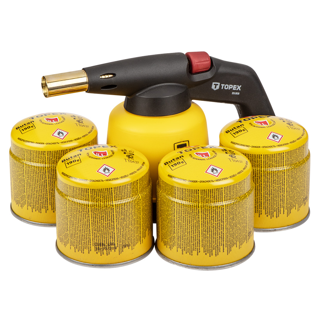 TOP-44E154--Lampa lutownicza gazowa na naboje 190 g, temperatura pracy 1350°C, moc 1.9 kW, średnie zużycie gazu 180 g/h, obudowa z tworzywa. 4 Naboi z gazem butan 190g, system blokowania wypływu gazu