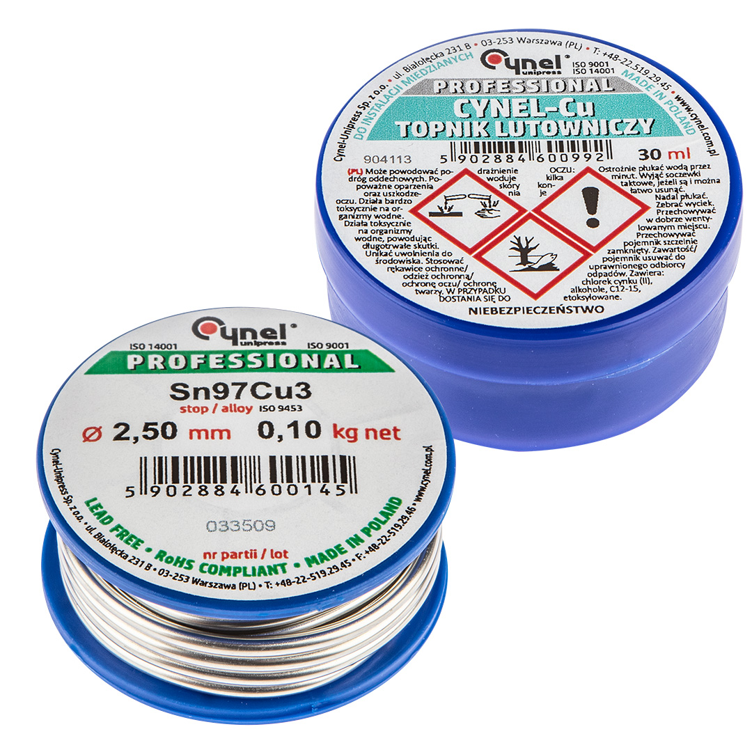 TOP-44E745--Zestaw do lutowania instalacji miedzianych, lut i topnik, lut cynowy 97% Sn, 3% Cu,  2.5 mm, 100g, topnik 100 g
