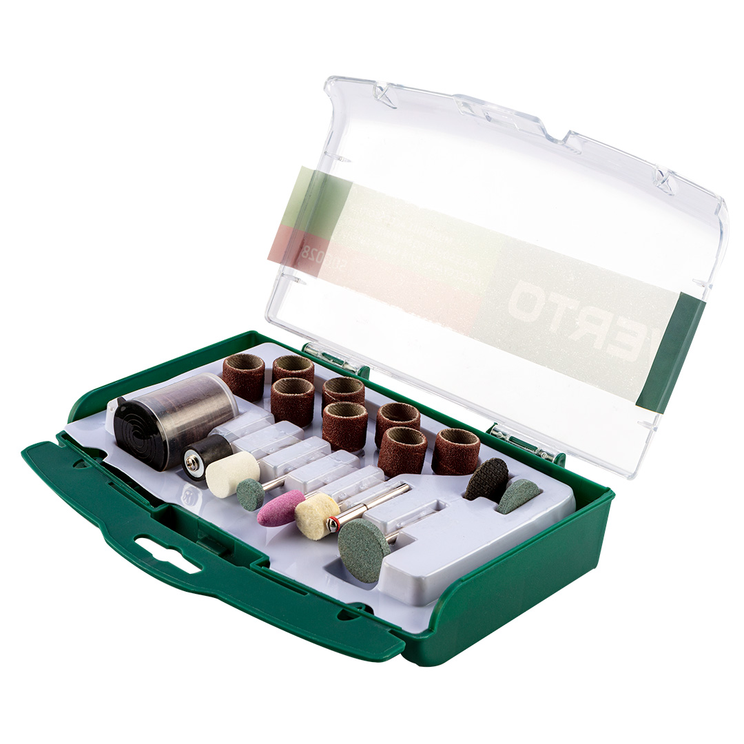 TOP-50G028--Akcesoria do miniszlifierki, kamienie szlifierskie x 5 szt., taśmy szlifierskie 12.7 mm x 8 szt., bęben szlifierski x 1 szt., trzpień 3.2 mm, tarcze tnące i szlifierskie x 56 szt., zestaw 71 szt.