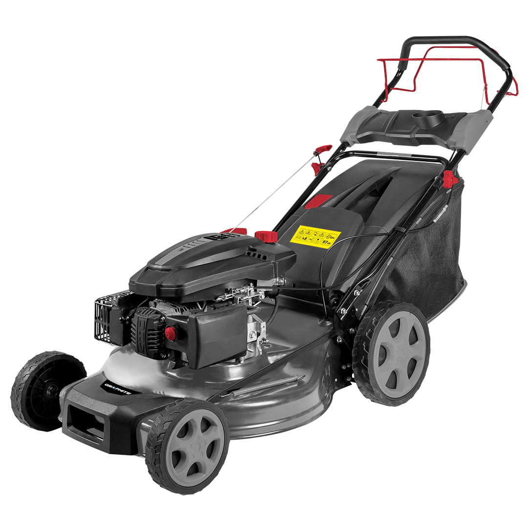 TOP-52G672--Kosiarka spalinowa z napędem samojezdnym 3,0 KW (4KM), pojemność silnika 173 cm3, obroty 2800min, szer.koszenia 502 mm, centralna 5-stopniowa regulacja wysokości (25-65 mm), masa 36 kg, pojemność kosza 55L, pojemność zbiornika paliwa 1,5L, Easy Start