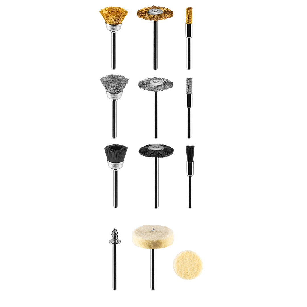 TOP-55H078--Akcesoria do miniszlifierki, szczotki druciane, mosiężne, nylonowe średnice 5, 15, 22 mm x 9 szt., filc 25 mm x 5 szt., trzpień 3.2 mm, zestaw 15 szt.