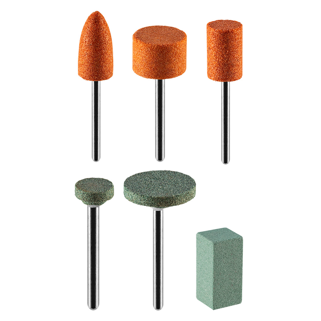 TOP-55H079--Akcesoria do miniszlifierki, kamienie szlifierskie x 10 szt., osełka 20 x 10 mm, trzpień 3.2 mm, zestaw 11 szt.