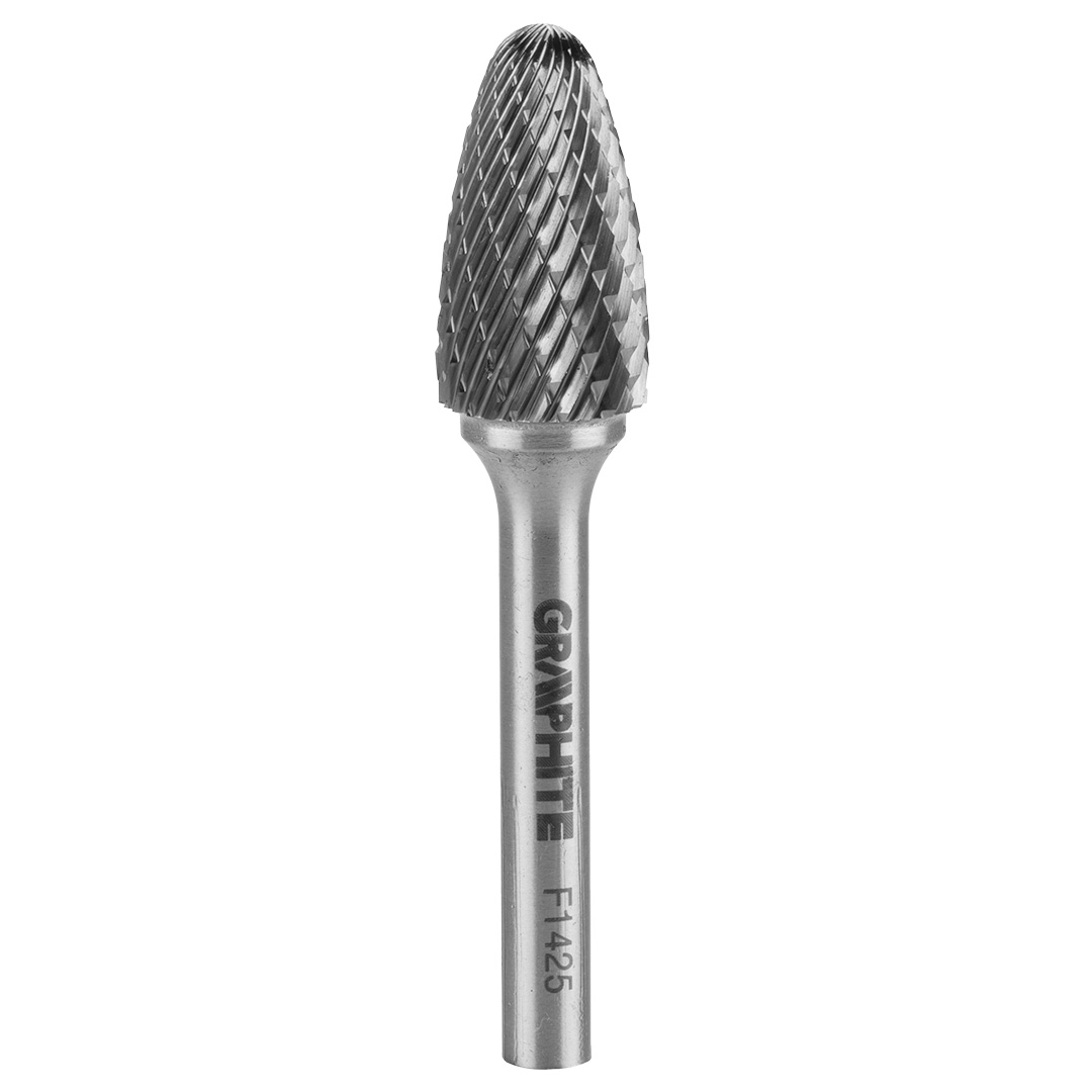 TOP-55H373--Frez do metalu, typ F - ostrołukowy zaokrąglony (F 1425), węglik spiekany, średnica 14 mm, nacięcie podwójne, długość robocza 25 mm, trzpień 6 x 45 mm, do szlifierki prostej.