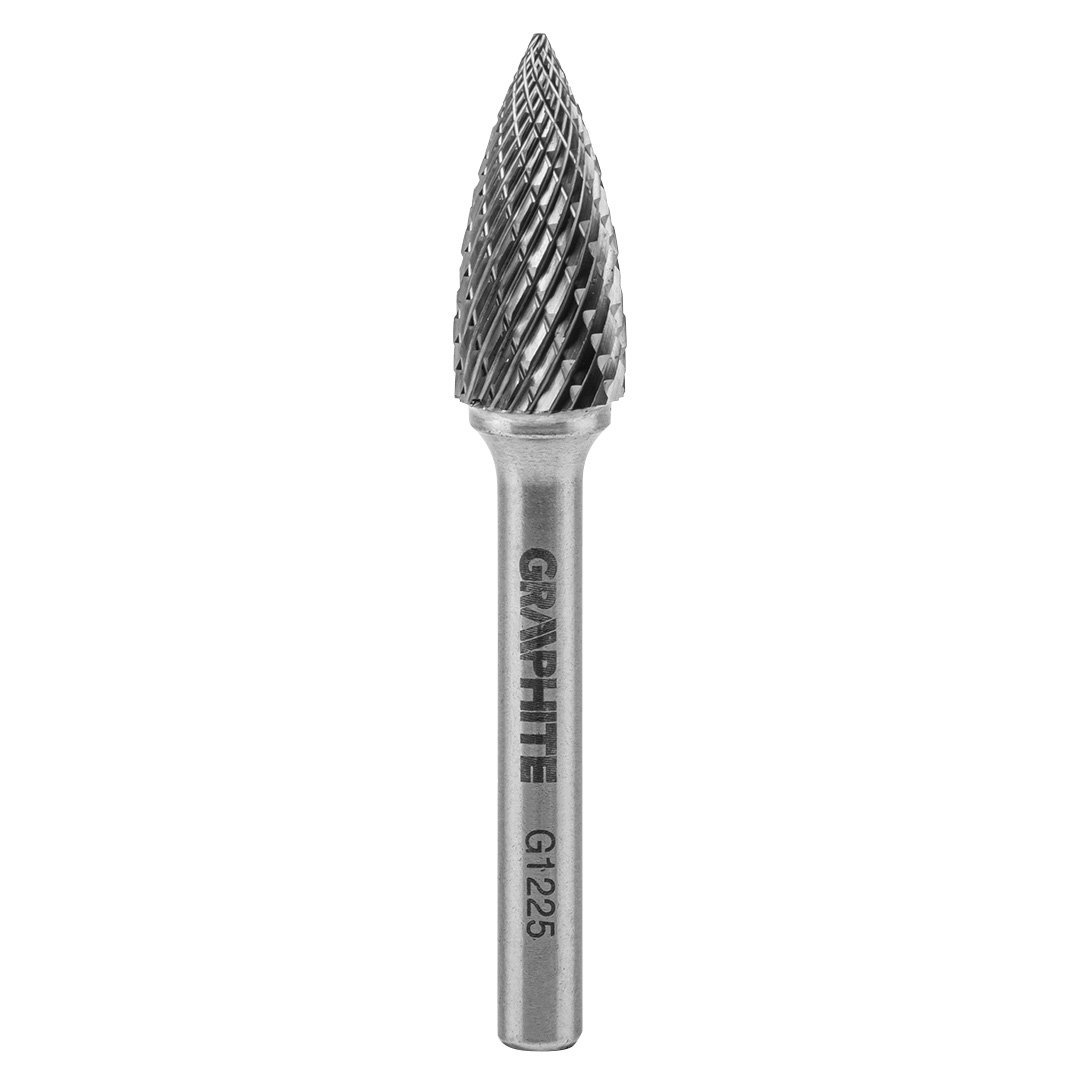 TOP-55H375--Frez do metalu, typ G - ostrołukowy ostry (G 1225), węglik spiekany, średnica 12 mm, nacięcie podwójne, długość robocza 25 mm, trzpień 6 x 45 mm, do szlifierki prostej.