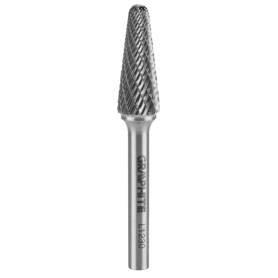 TOP-55H377--Frez do metalu, typ L - stożkowy (L 1230), węglik spiekany, średnica 12 mm, nacięcie podwójne, długość robocza 30 mm, trzpień 6 x 45 mm, do szlifierki prostej.