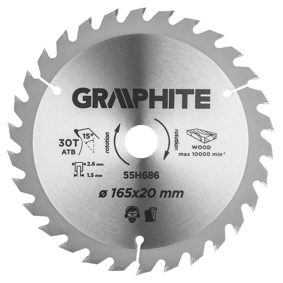 TOP-55H686--Tarcza do pilarki, zagłębiarki, widiowa, 165 x 20 mm, 30 zębów ATB, grubość tarczy 1.5 mm, grubość zęba 2.6 mm, redukcje: 20 x 16 mm.