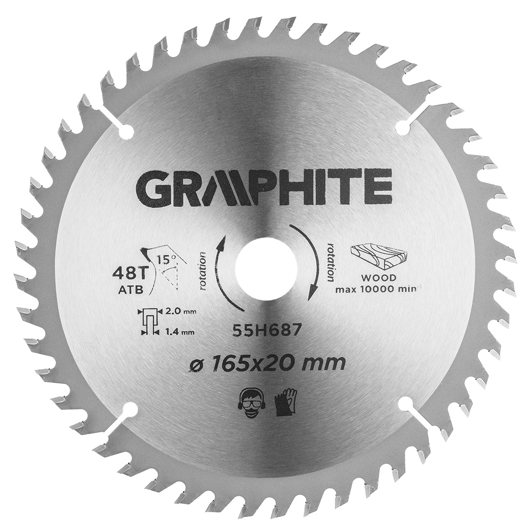 TOP-55H687--Tarcza do pilarki, zagłębiarki, widiowa, 165 x 20 mm, 48 zębów ATB, grubość tarczy 1.4 mm, grubość zęba 2.0 mm, redukcje: 20 x 16 mm.