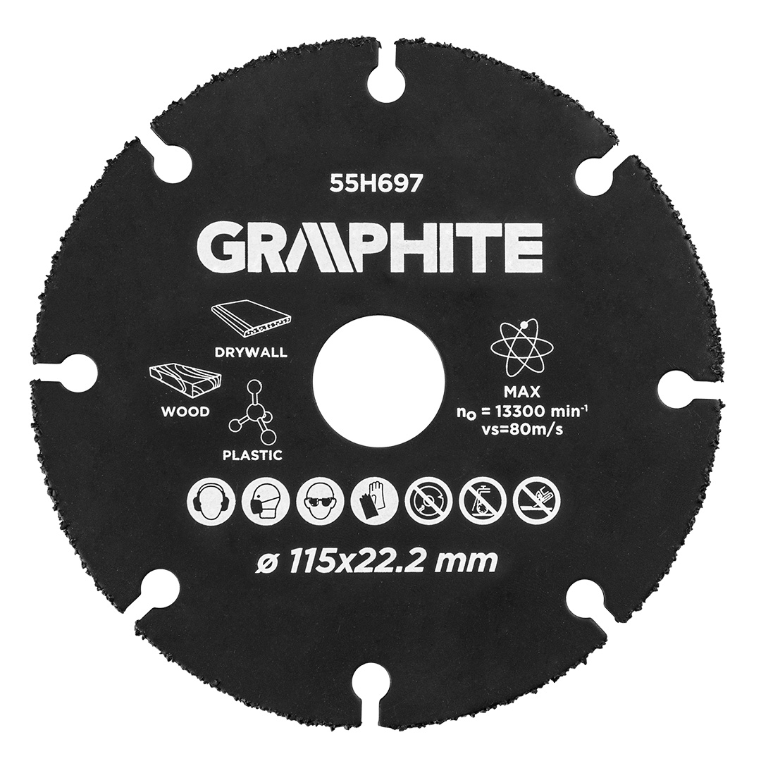 TOP-55H697--Tarcza tnąca 115 x 22.2 mm, na szlifierke kątową, nasyp z węglika wolframu, do materiałów miękkich, max 13 300 obr/min.