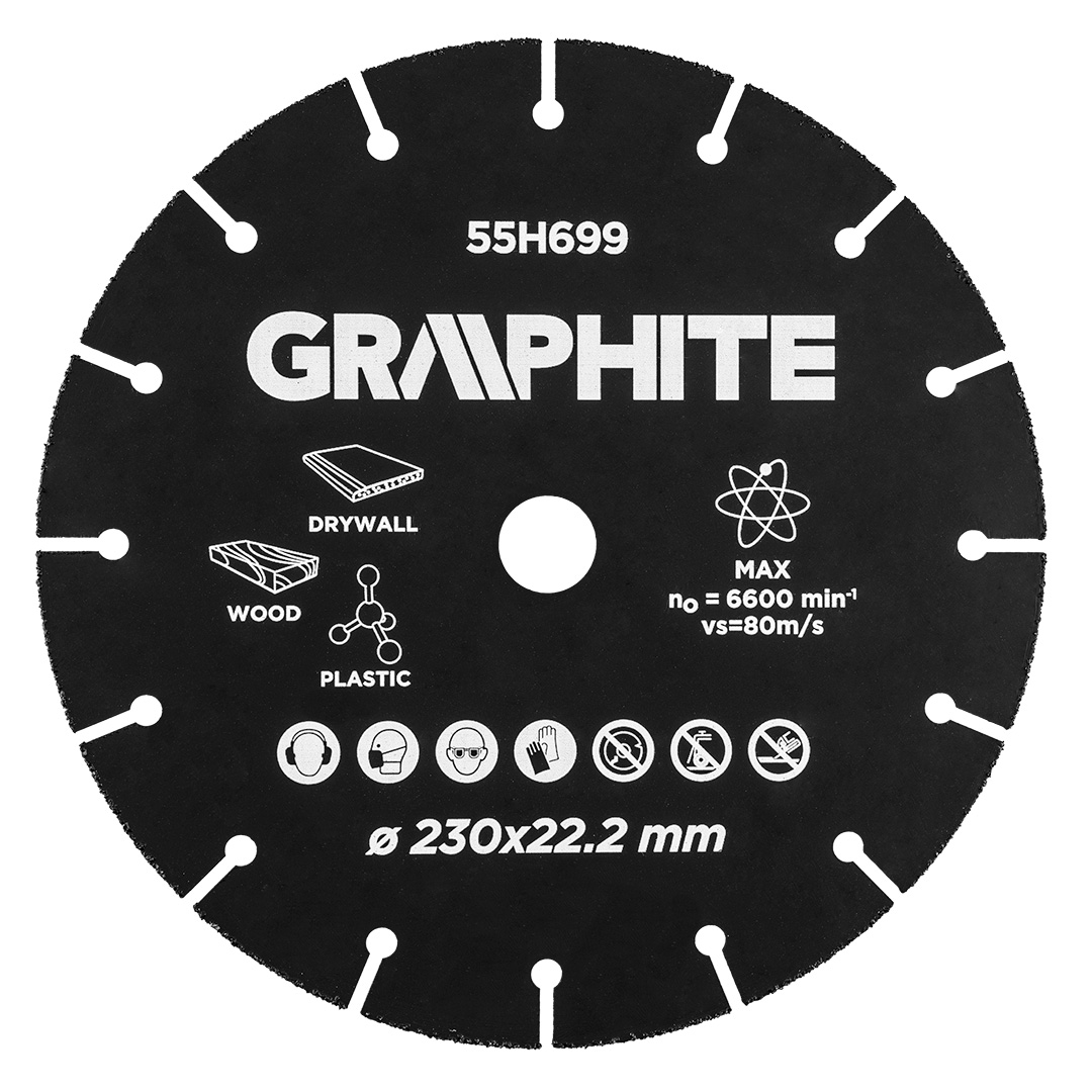 TOP-55H699--Tarcza tnąca 230 x 22.2 mm, na szlifierkę  kątową, nasyp z węglika wolframu, do materiałów miękkich, max 8 300 obr/min.