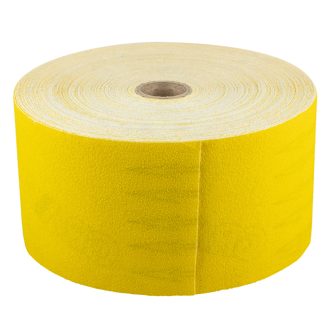 TOP-55H977--Papier ścierny żółty 115 mm, K150, rolka 50 m, elektokorund, baza z apieru typu D, nasyp otwarty
