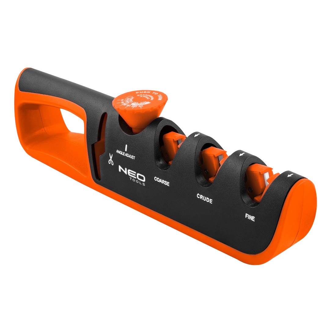 TOP-56-050--Ostrzałka do noży i nożyczek, obudowa wykona z odpornego na uderzenia tworzywa ABS, częściowo pokryta gumą TPR. Trzystopniowe ostrzenie noży: wstępne, zgrubne - diamentowe, wyrównujące i nadające kształt ostrza - z węglika wolframu oraz polerujące - 