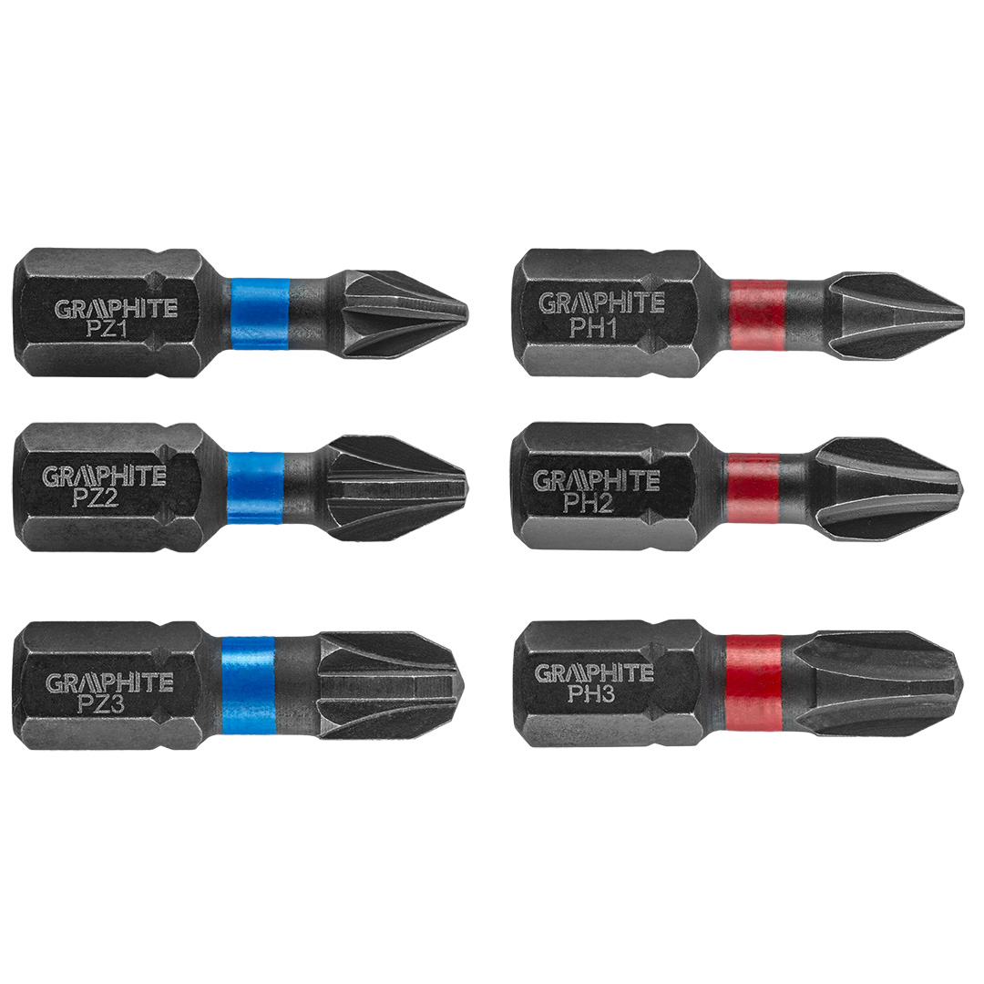 TOP-56H540--Bity udarowe, typ PH1/2/3, PZ1/2/3, długość całkowita 25 mm, stal S2, napęd 1/4", 6 szt. 