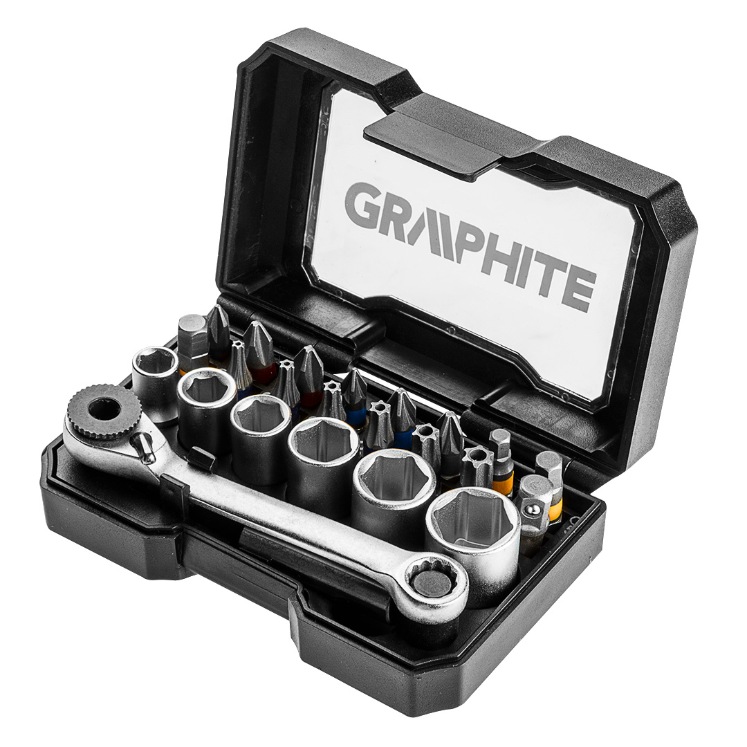 TOP-56H610--Zestaw kocówek wkrętakowych i nasadek, 24 szt., stal S2, końcówki 25 mm - 15 szt., nasadki 1/4" - 6 szt., adapter 1/4" - 1 szt.,  grzechotka 1/4" x 8 mm - 1 szt., przedłużka magnetyczna - 1 szt.