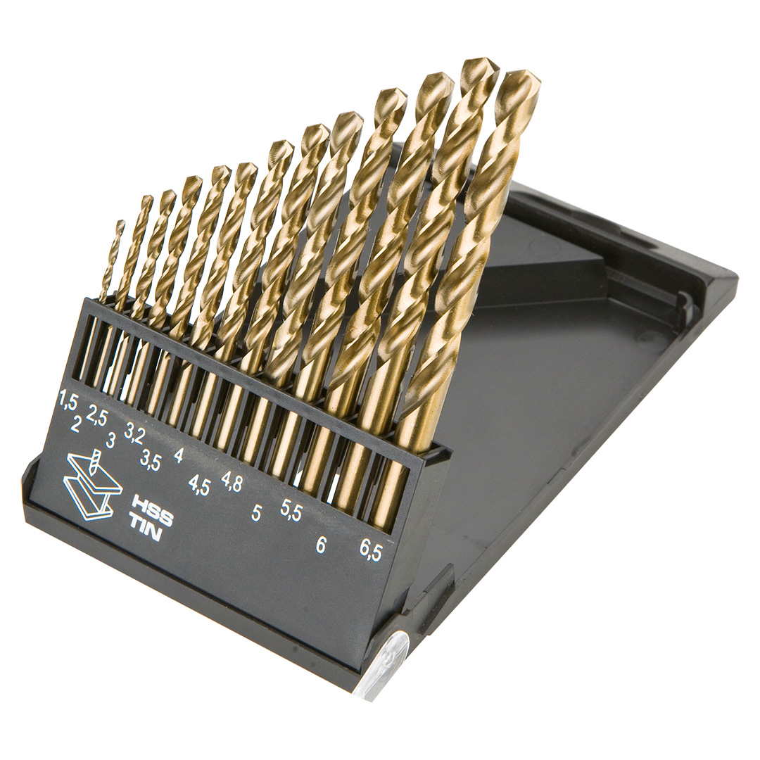 TOP-57H198--Wiertła do metalu HSS-TiN, 1.5-6.5 mm, zestaw 13 szt., 1.5, 2, 2.5, 3, 3.2, 3.5, 4, 4.2, 4.8, 5, 5.5, 6, 6.5 mm, głęboko szlifowane, stal 9341, kąt wierzchołkowy 135°, korekta ścinu, DIN338