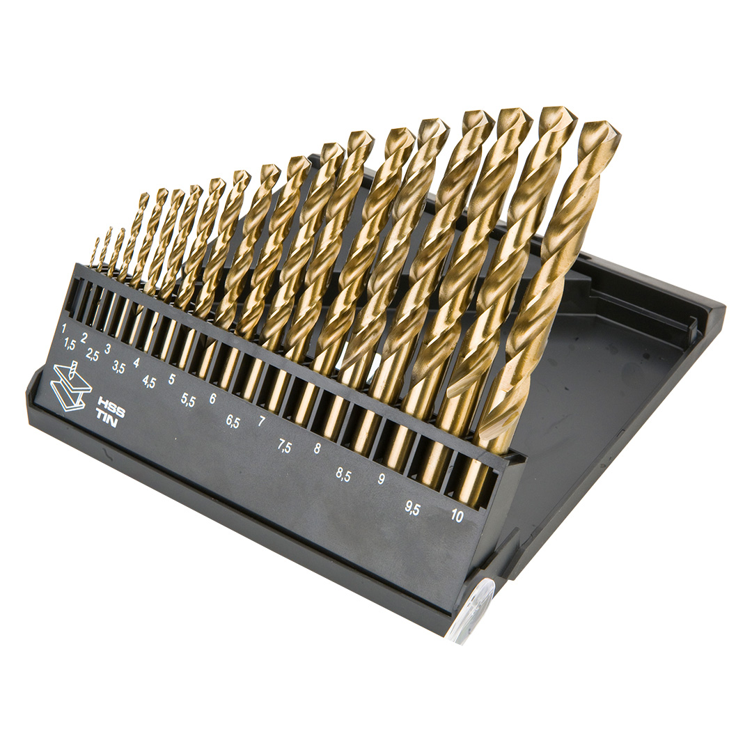 TOP-57H199--Wiertła do metalu HSS-TiN, 1.0-10 mm, zestaw 19 szt., 1, 1.5, 2, 2.5, 3, 3.5, 4, 4.5, 5, 5.5, 6, 6.5, 7, 7.5, 8, 8.5, 9, 9.5, 10 mm, głęboko szlifowane, stal 9341, kąt wierzchołkowy 135°, korekta ścinu, DIN338