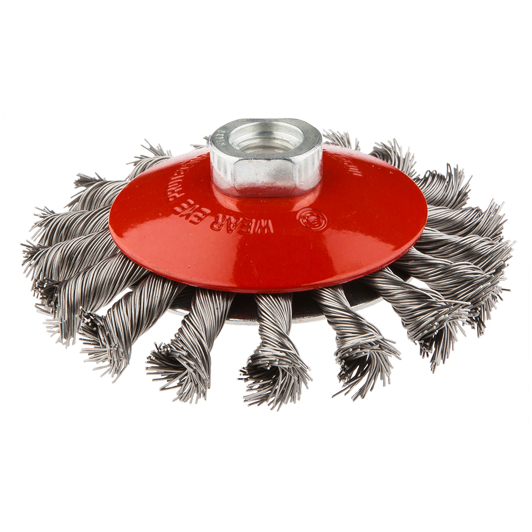 TOP-57H589--Szczotka druciana tarczowa odgięta 100 mm x M14, INOX, drut splatany O 0.5 mm