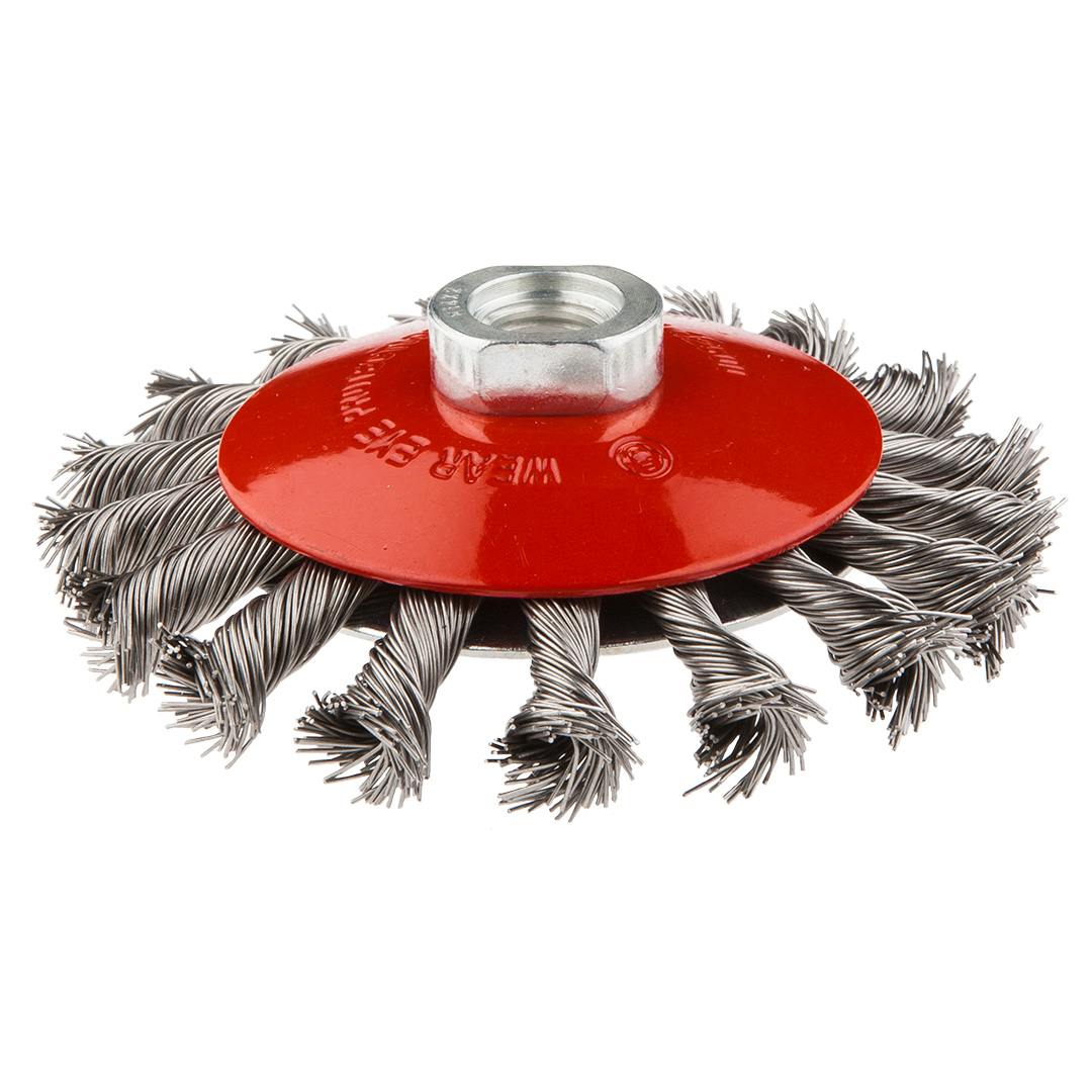 TOP-57H591--Szczotka druciana tarczowa odgięta 115 mm x M14, INOX, drut splatany O 0.5 mm