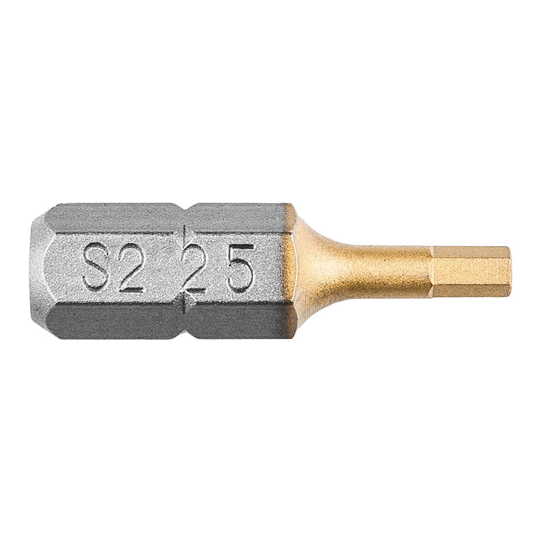 TOP-57H966--Końcówki wkrętakowe HEX2.5 x 25 mm, 1/4", powleczone azotkiem tytanu, stal S2, zestaw 2 szt.