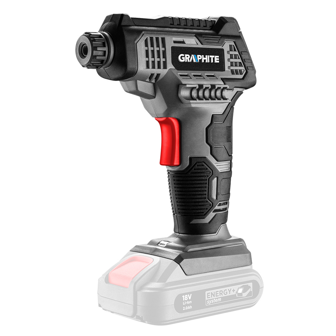 TOP-58G041--Kompresor akumulatorowy Energy+ 18V, wyświetlacz LCD, obroty 21000 min, max. ciśnienie 100 psi (7 bar), wężyk: wentyl samochodowy, masa 0.8 kg, kompatybilna z akumulatorami Energy+