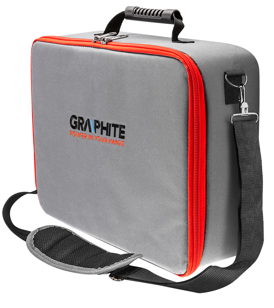 TOP-58G094--Walizka materiałowa na elektronarzędzia o pojemność 25 L, wymiarach 46x36x15,5 cm, wyposażona w 6 kieszeni wewnętrznych, 4 wewnętrzne paski mocujące narzędzia, dodatkowe mocowania na akcesoria, zasuwana kieszeń na akcesoria, uchwyt do przenoszenia to