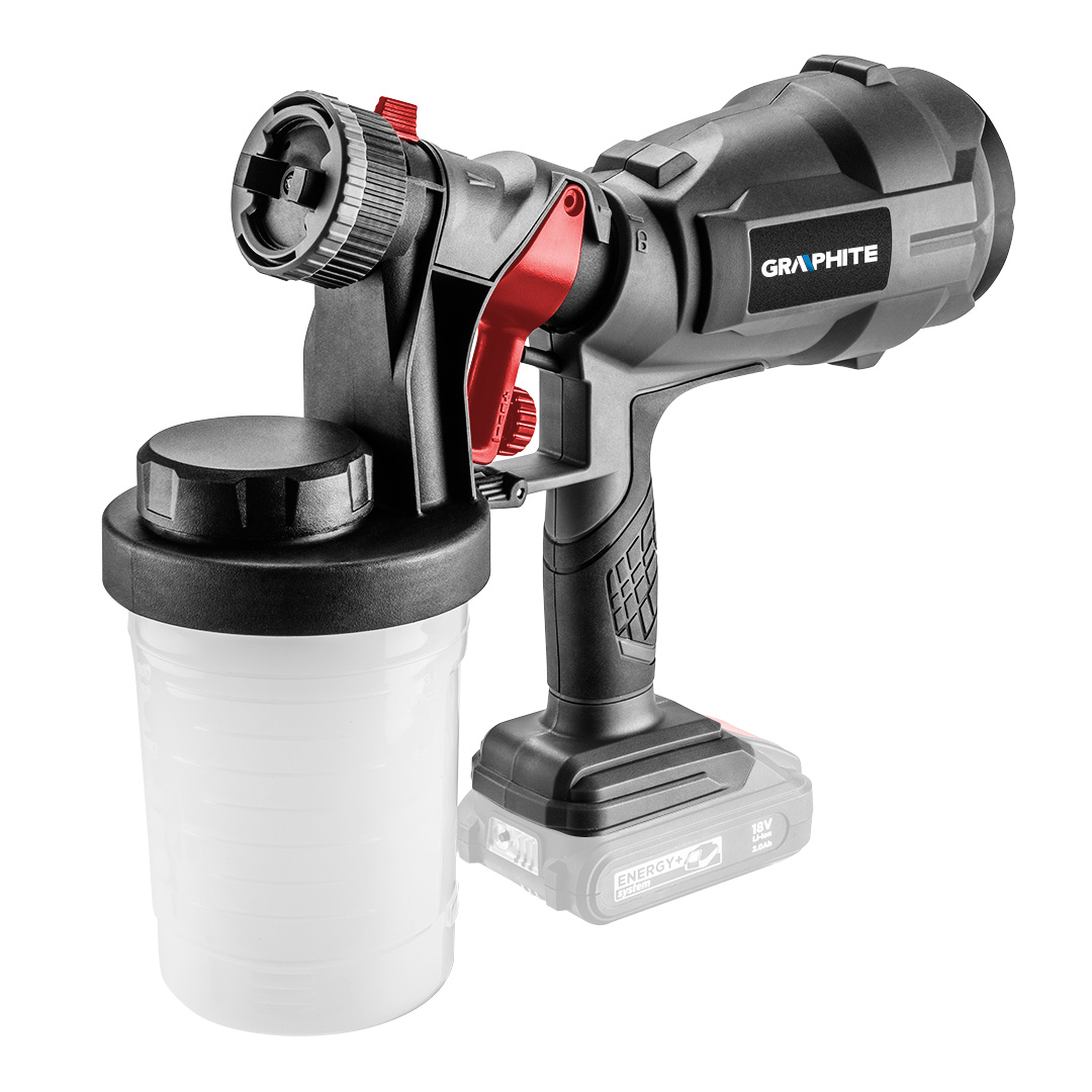 TOP-58GE103--Pistolet natryskowy HVPL Energy+ 18V,  dysza 2,5mm, max lepkość 60DIN-s, Moc 243W, pojemność 900ml, natężenie przepływu wody 700ml/min, kubek lepkości, dysza, pierścień uszczelniający, klucz specjalny, igła do odkręcania dyszy, igła czyszcząca, masa 