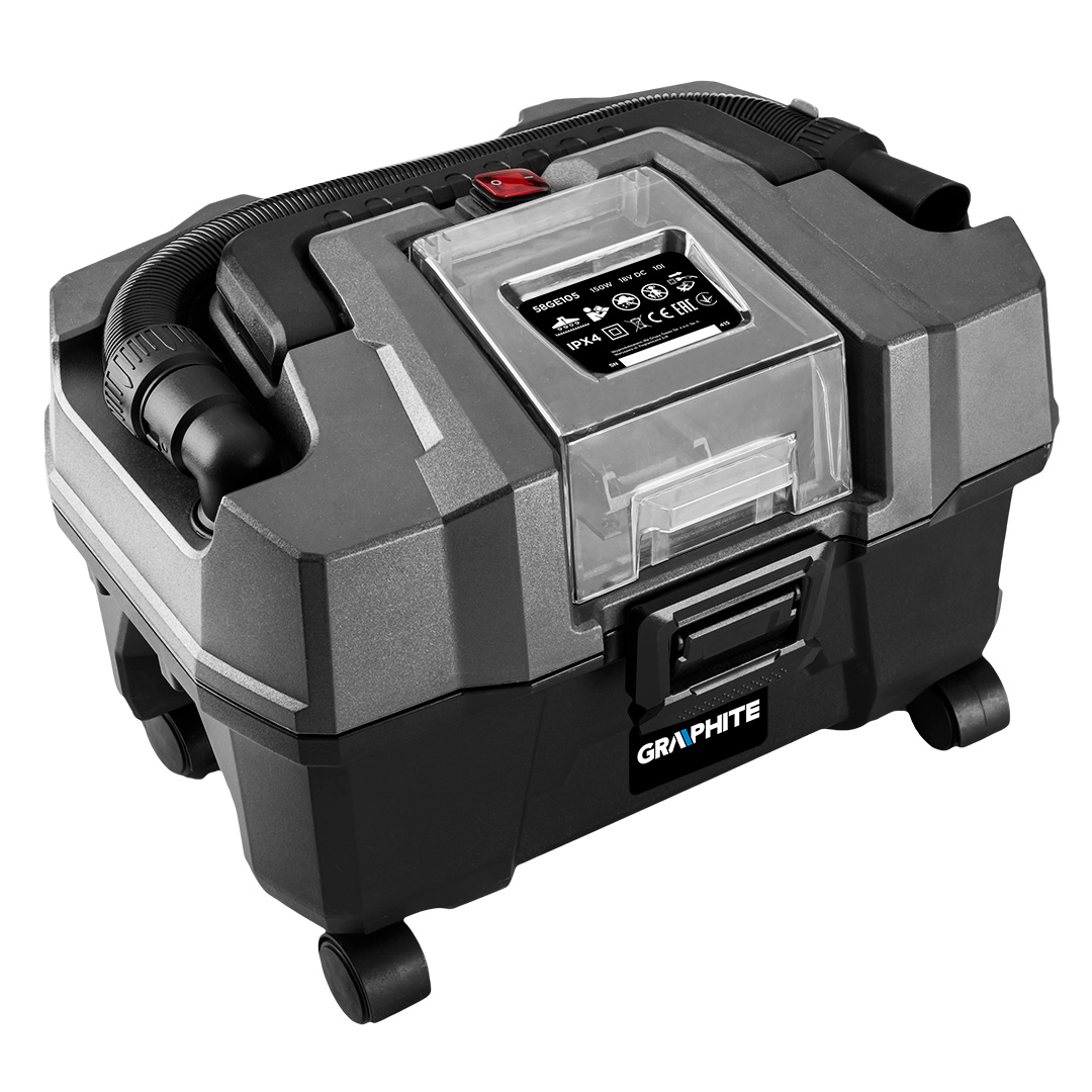 TOP-58GE105--Odkurzacz warsztatowy Energy+ 18V, LI-on, 10 L, do pracy na sucho / mokro, do pracy wewnątrz / na zewnątrz, funkcja dmuchawy, filtr HEPA, filtr gąbkowy