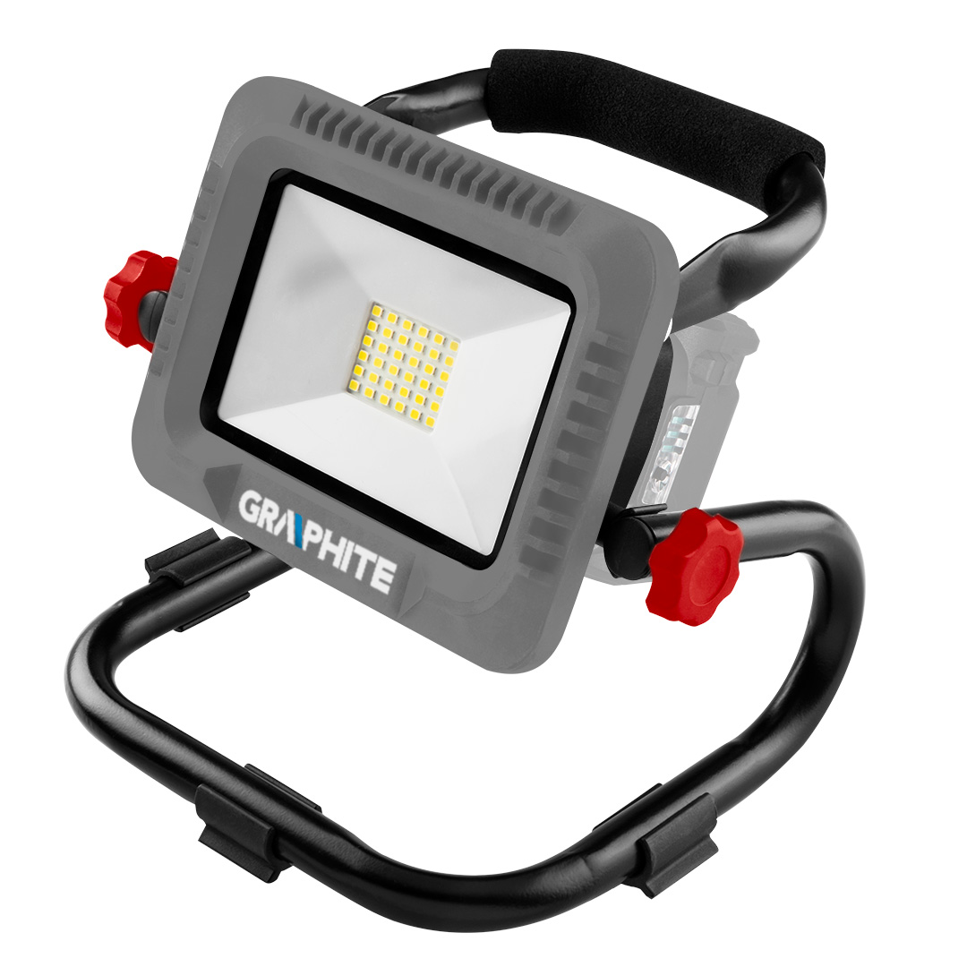 TOP-58GE109--Lampa akumulatorowa LED 18 V Li-lon, dioda 20 W LED SMD, dwa tryby świecenia: 2000 i 1000 LM. Regulacja kąta nachylenia do maksymalnie 120°. Temperatura barwowa 6500K. Rękojeść typu soft grip foam EVA. Rekomendowana pojemność akumulatora to 4 Ah. Wag