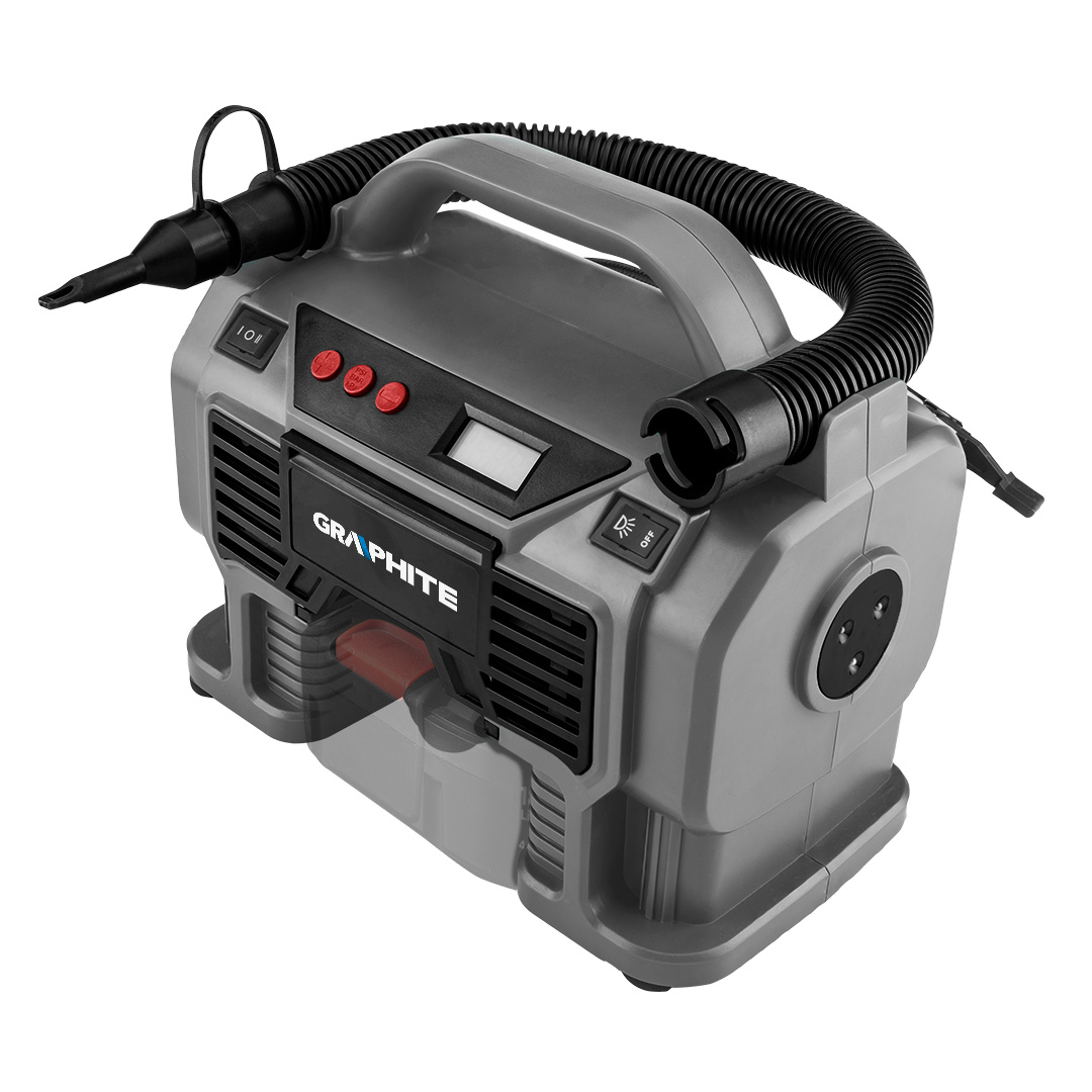 TOP-58GE113--Kompresor akumulatorowy Energy+ 18V bez akumulatora. Dane techniczne: napięcie zasilania (akumulator Energy+) 18V DC, napięcie zasilania (zapalniczka samochodowa) 12V DC, kompresor i pompka, funkcja deflacji, moc znamionowa 60 W, ciśnienie robocze 11