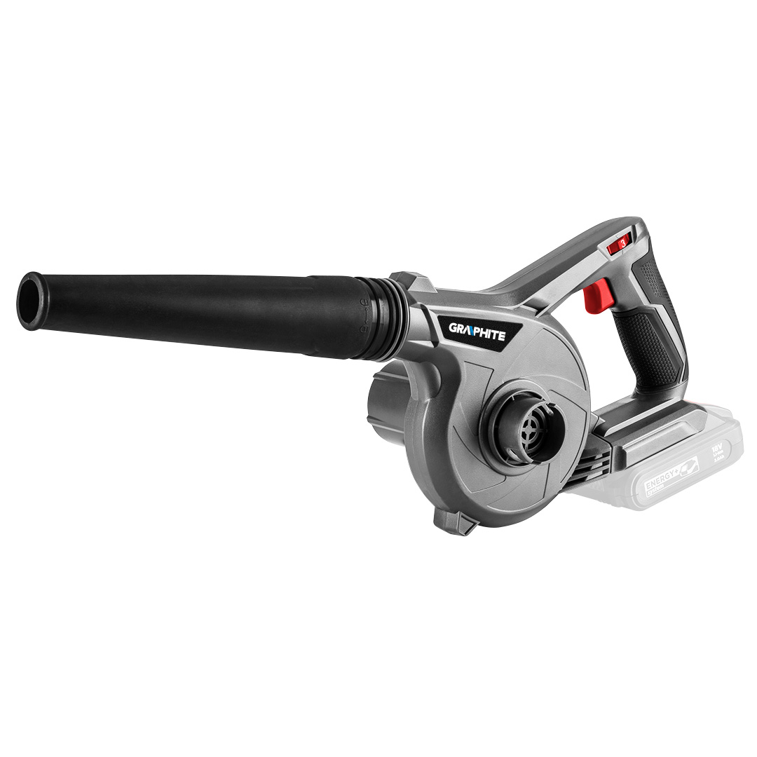 TOP-58GE118--Dmuchawa ogrodowo-warsztatowa akumulatorowa Energy + 18V bez akumulatora, przepływ powietrza 0,2-6m3/min, prędk. max 252 km/h, max prędk. obroto 18000 /min, długość 487,5mm, waga 1,1kg