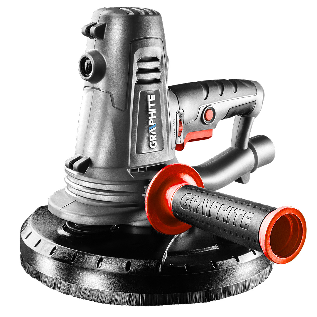 TOP-59G262--Szlifierka do gipsu 1050W, tarcza 225 mm, obroty 800-2300 min, worek na pył 25 l,  system samoczynnego odsysania pyłu, wymiary urządzenia (LxWxH): 255x305x245 mm, masa 3.5 kg, przewód zasilający ogumowany 4 m, torba materiałowa, akcesoria: papier ści