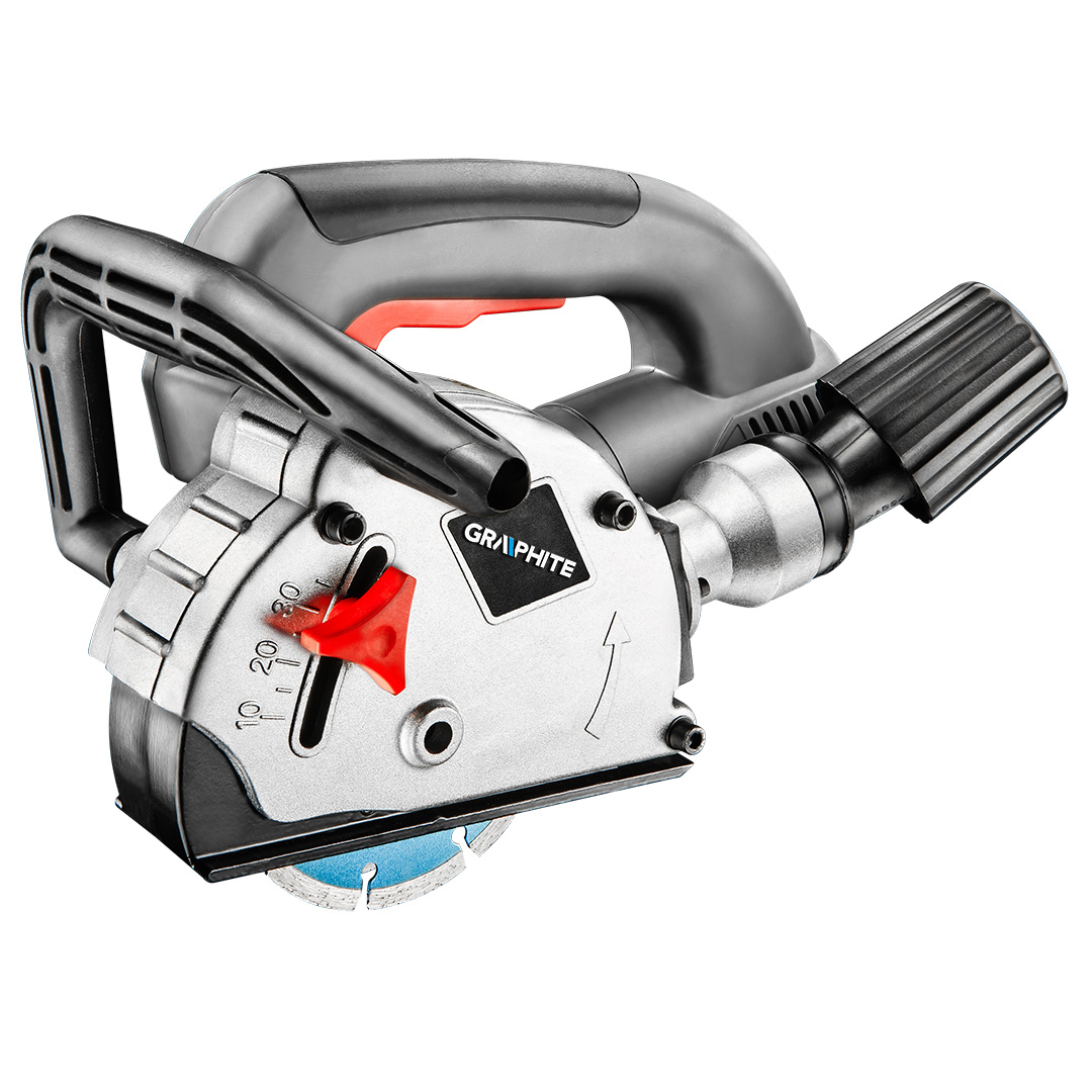 TOP-59G370--Bruzdownica 1320W, tarcza125x22.2 mm, obroty 9000 min, szerokość cięcia 6-26 mm, glębokość cięcia 8-30 mm, zapezpieczenie przeciążeniowe, (LxH) 350 x 195 mm, masa 4.2 kg, akcesoria: 6 podkładek dystansowych, dłuto, króciec przyłączeniowy, walizka