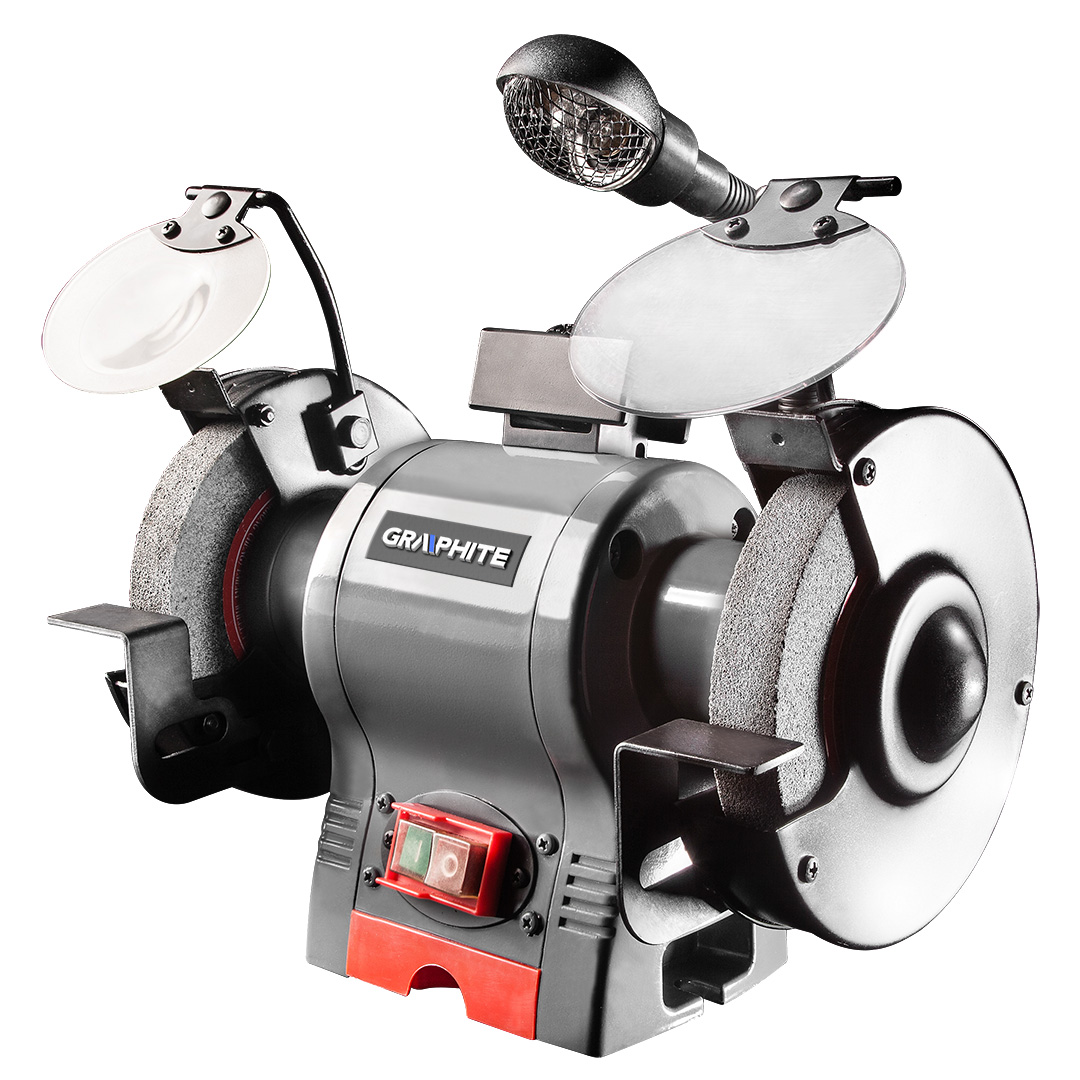 TOP-59G383--Szlifierka stołowa 370W,  ściernica 150x12.7 mm, obroty 2850 min, szerokość ściernicy 25 mm, wielopozycyjna lampka oświetleniowa, miedziane uzwojenie stojana, (LxWxH) 360 x 250 x 290 mm, masa 9.5 kg