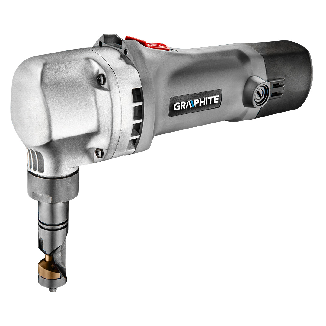 TOP-59G401--Nożyce do blachy 500W, ilosć cykli noża: 2000 m-1, maks. grubość cięcia stali 1,6 mm ; aluminium 2,5 mm, szerokość śladu cięcia 5 mm, min. śr. otworu startowego 22 mm, min. przekątna cięcia po okręgu 60 mm, (LxHxW) 265 x 76 x 185 mm, masa 2 kg, waliz