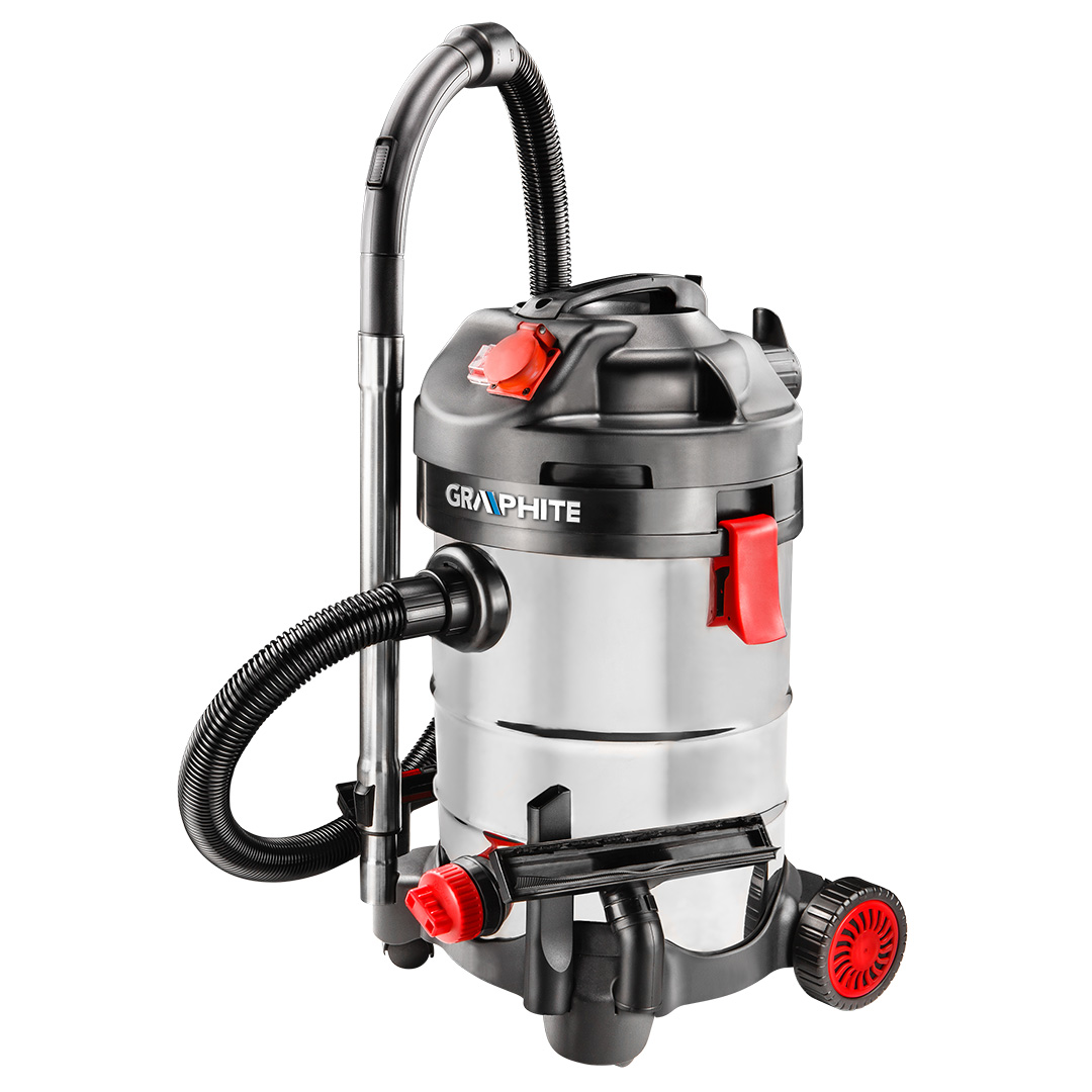 TOP-59G607--Odkurzacz warsztatowy 1500W, zbiornik 30 l., moc ssąca 18 kPa, moc odbiornika 2000W, średnica końcówki węża ssącego 35 mm, stopień ochrony IPx4, zbiornik INOX, przewód 4 m, (LxH) 340 x 640 mm, masa 8.5 kg, akcesoria: wąż ssący, końcówka do podłóg, ko