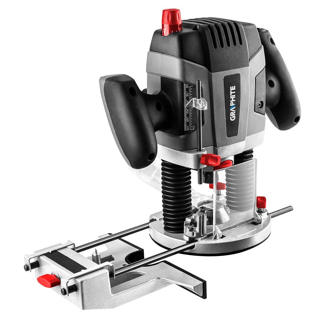 TOP-59G717--Frezarka górnowrzecionowa 1300W, uchwyt 6, 8, 12 mm, obroty 11000-28000 min, (LxH) 290 x 280 mm, masa 3,5 kg, skok korpusu 55 mm,  akcesoria: 3 tuleje zaciskowe, tuleja prowadząca do kopiowania według szablonu, szpikulec do frezowania po okręgu, adap