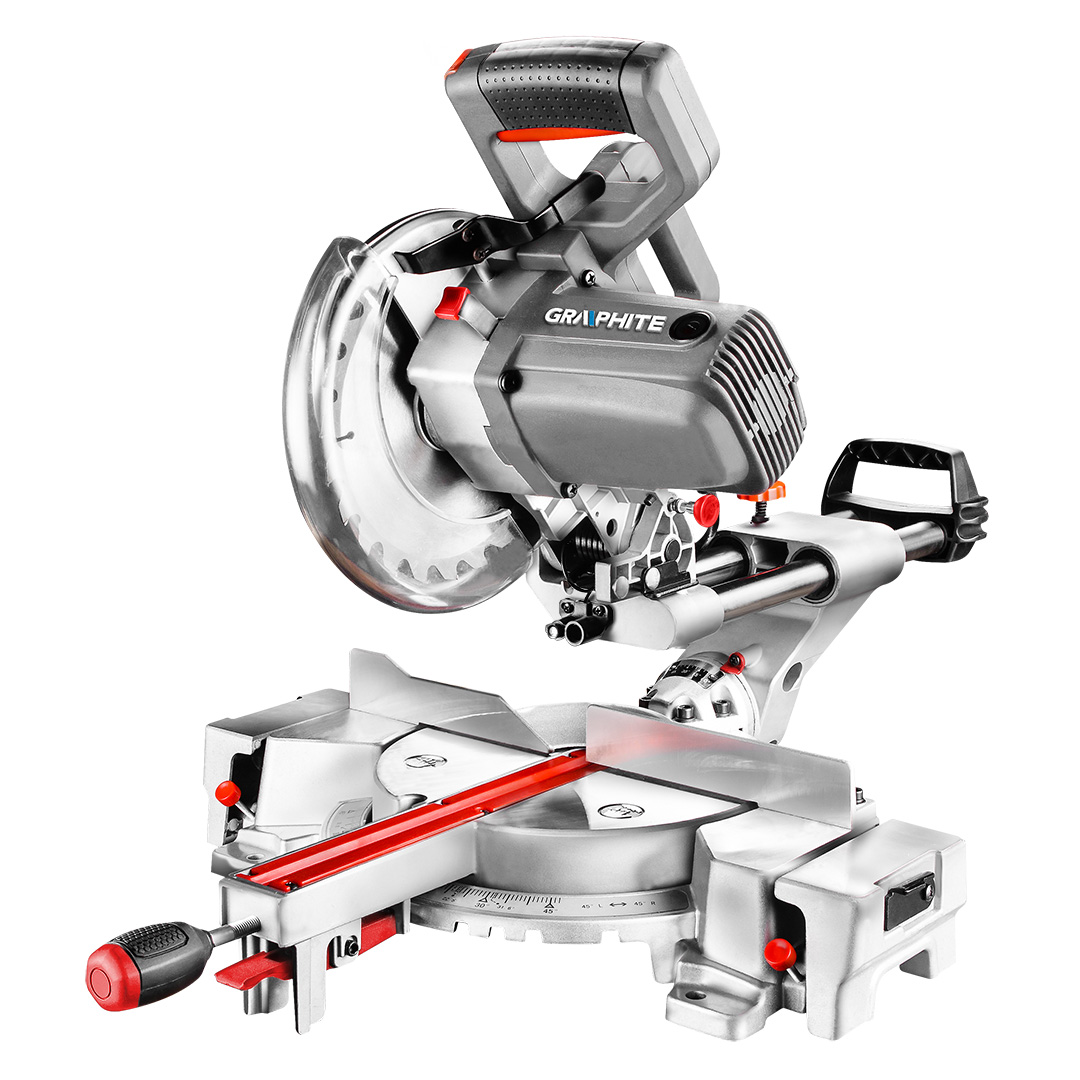 TOP-59G806--Pilarka ukosowa 1800W, tarcza 210x30 mm; obroty 4800 min; zakres cięcia kątowego 45; zakres cięcia ukosowego 0-45; maksymalna grubość ciętego materiału 90/90 65 - 260 mm; długość prowadnicy 185mm; laser 