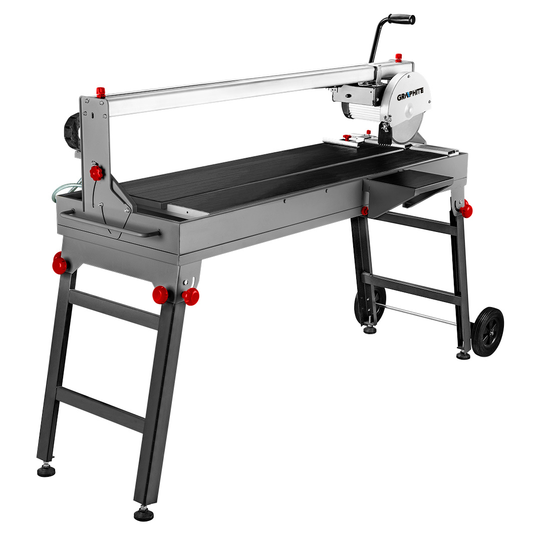 TOP-59G887--Przecinarka do glazury 1200W, obroty 2950/min-1, zakres cięcia ukośnego 0° ÷ 45°, tarcza 250 x 25,4 mm, max grubość tarczy 4 mm, max głębokość cięcia 90/45 58/45 mm, szer./dł. stołu roboczego 486/1260 mm, zasięg posuwu głowicy 1200 mm, wys. stołu rob