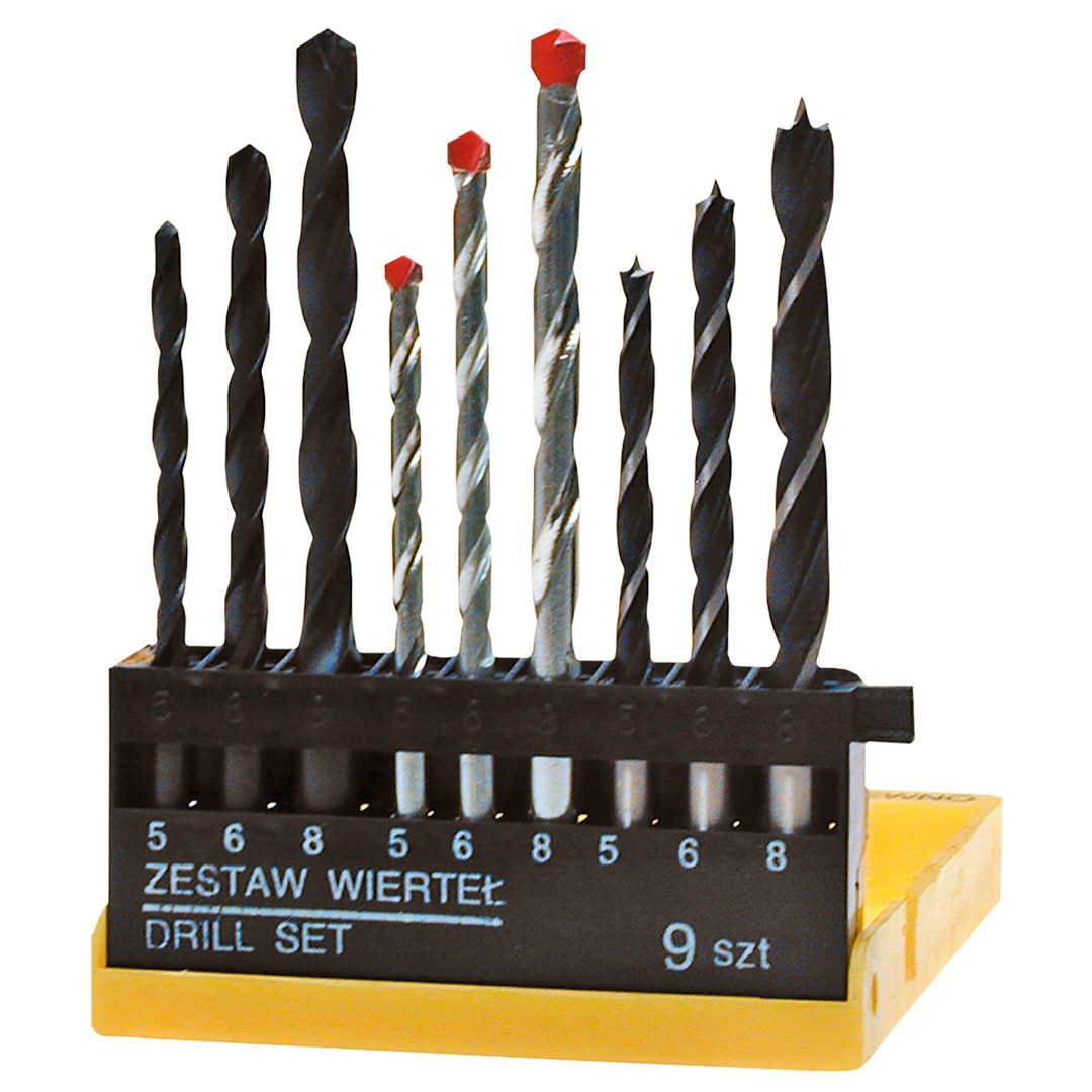 TOP-60H009--Wiertła różne (metal/beton/drewno), zestaw 9 szt., metal: 5.0, 6.0, 8.0 mm, beton: 5, 6, 8 mm, drewno: 5, 6, 8 mm