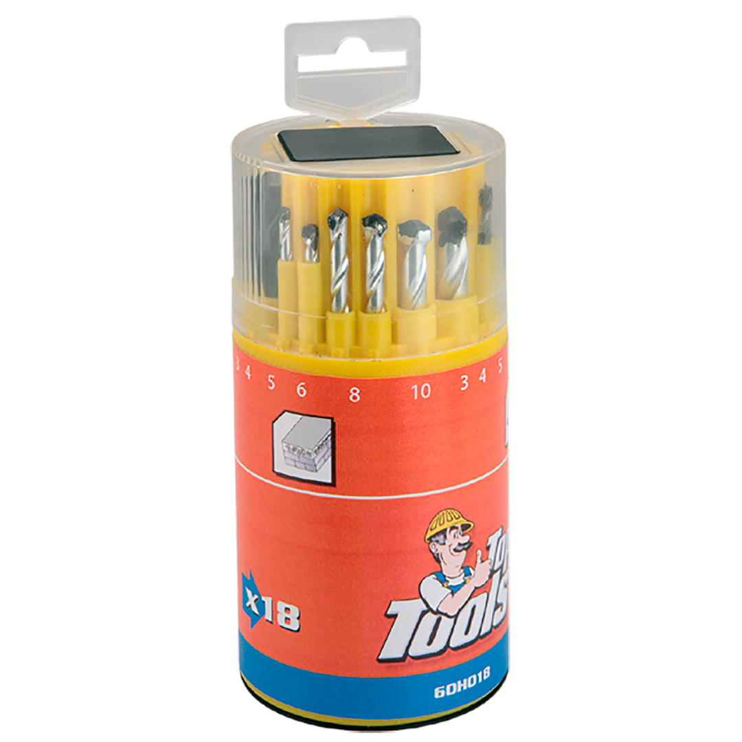 TOP-60H018--Wiertła różne (metal/beton/drewno), zestaw 18 szt., metal: 3.0, 4.0, 5.0, 6.0, 8.0, 10.0 mm, beton: 3, 4, 5, 6, 8, 10 mm, drewno: 3, 4, 5, 6, 8, 10 mm
