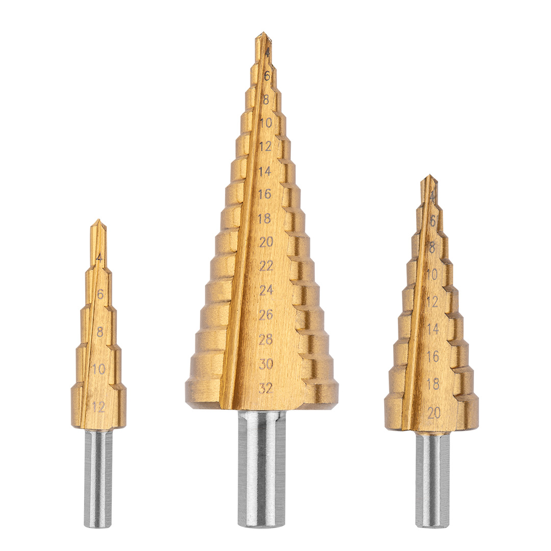 TOP-60H820--Zestaw wierteł stopniowych HSS, 3 szt, powłoka TiN, 4-12 mm, 4-20 mm, 4-32 mm, stopniowanie co 2 mm