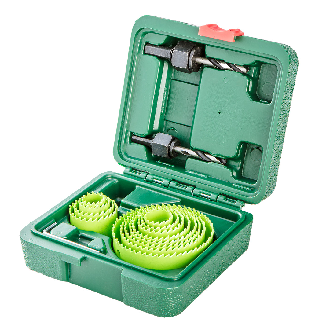 TOP-60H954--Zestaw otwornic, adapter 2 szt., otwornice 12 szt .: 19, 22, 25, 29, 32, 35, 38, 44, 51, 57, 64, 76 mm, plastikowa kaseta do przechowywania.