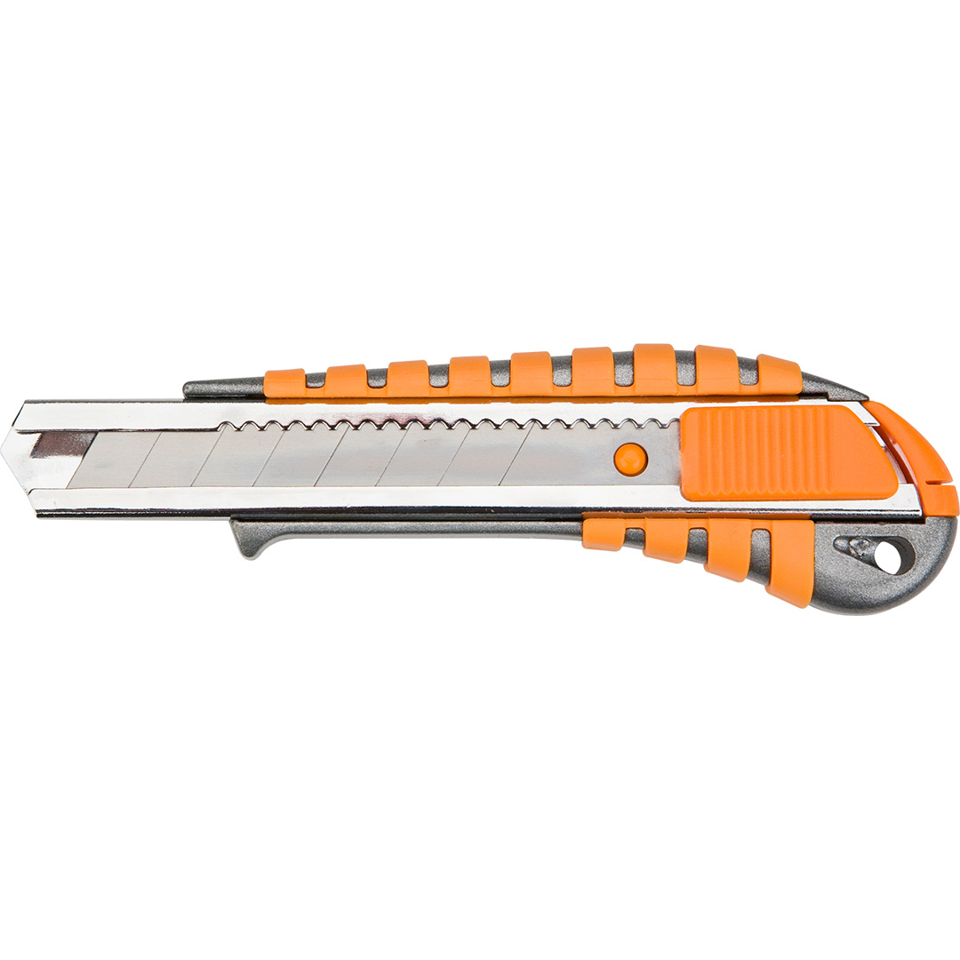 TOP-63-011--Nóż z ostrzem łamanym 18 mm, metalowy korpus, metalowe prowadnice ostrza, dwumateriałowy uchwyt, łamacz zużytego ostrza, TÜV