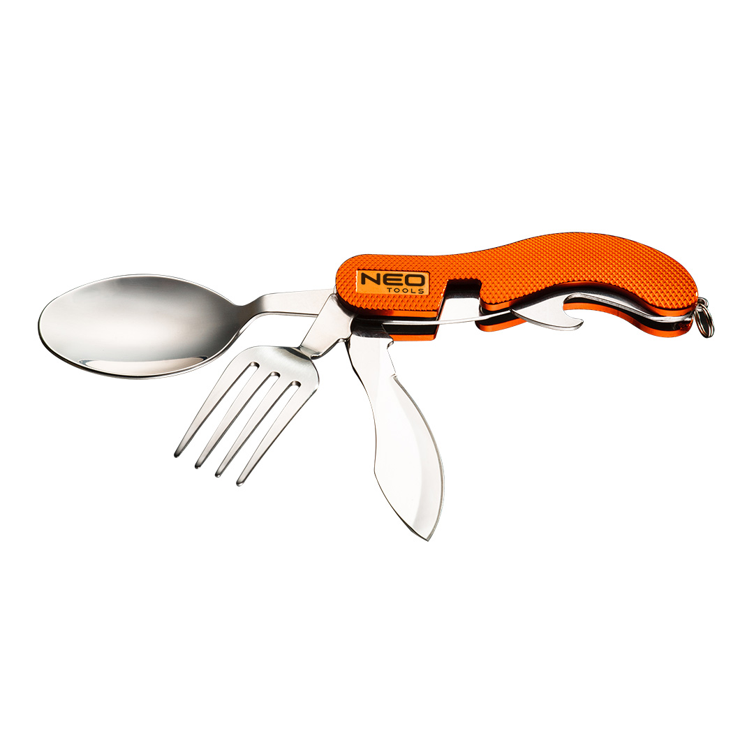 TOP-63-027--Narzędzie wielofunkcyjne, aluminiowy korpus, długość po złożeniu 100 mm, waga 125 g, nóż, łyżka, widelec, otwieracz do butelek, otwieracz do puszek, nylonowy futerał